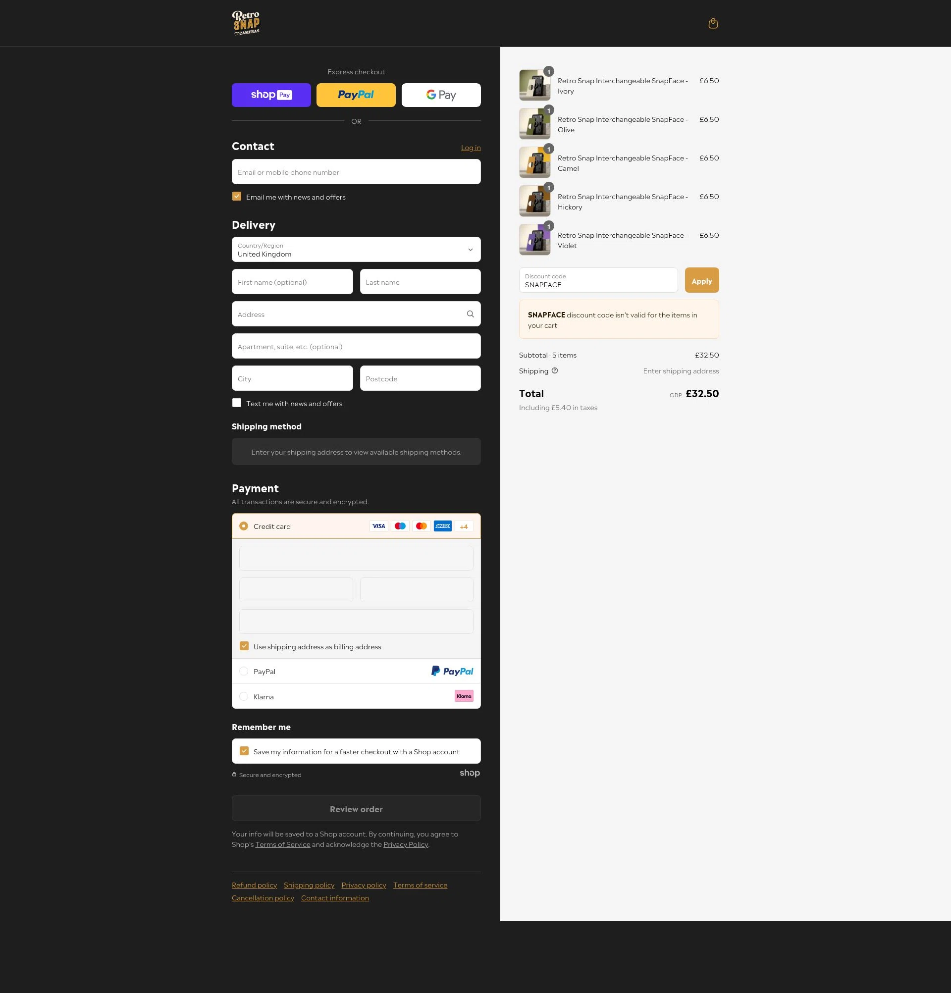 Retro Snap Cameras checkout page showing Retro Snap Cameras promo code box | Screenshot taken by SimplyCodes community member on Jul 14, 2025