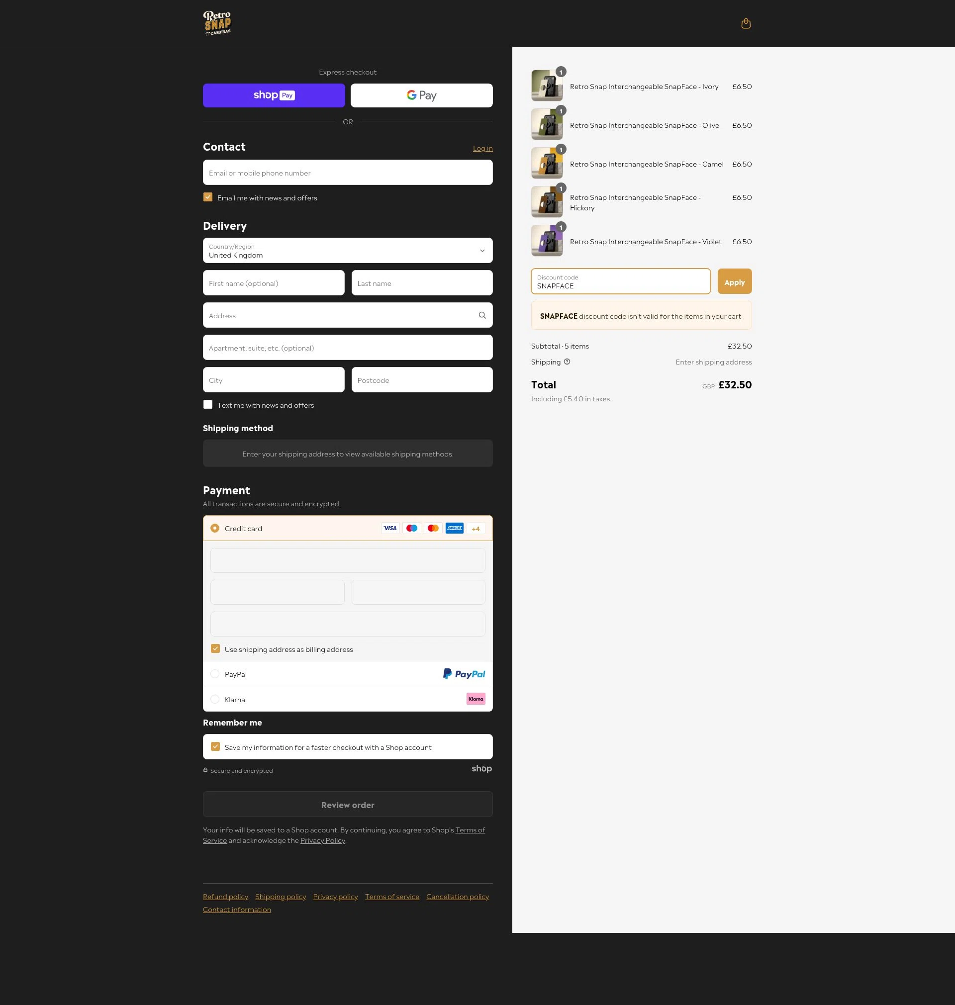 Retro Snap Cameras checkout page showing Retro Snap Cameras promo code box | Screenshot taken by SimplyCodes community member on Jun 22, 2025