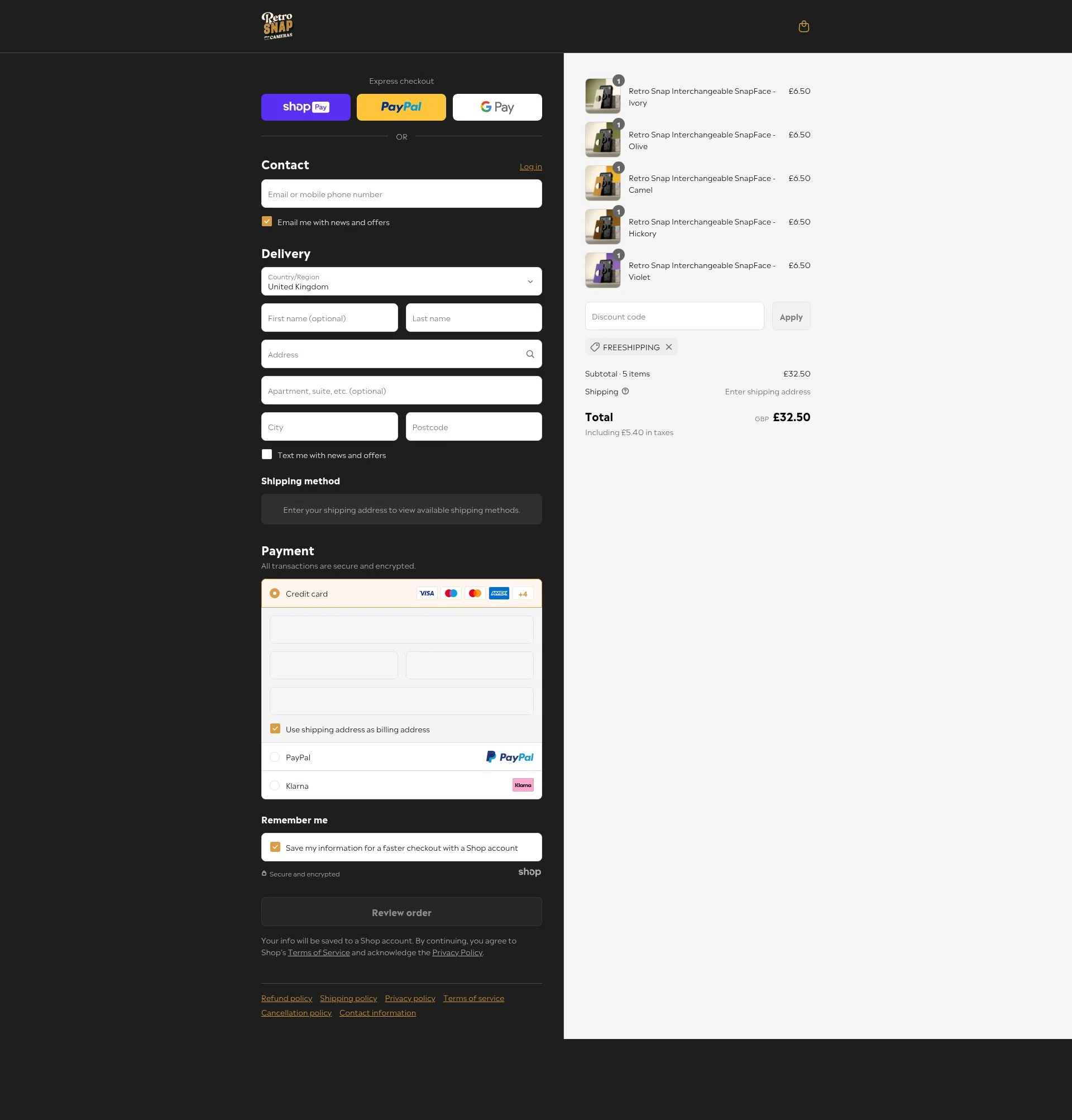 Retro Snap Cameras checkout page showing Retro Snap Cameras promo code box | Screenshot taken by SimplyCodes community member on Jul 14, 2025