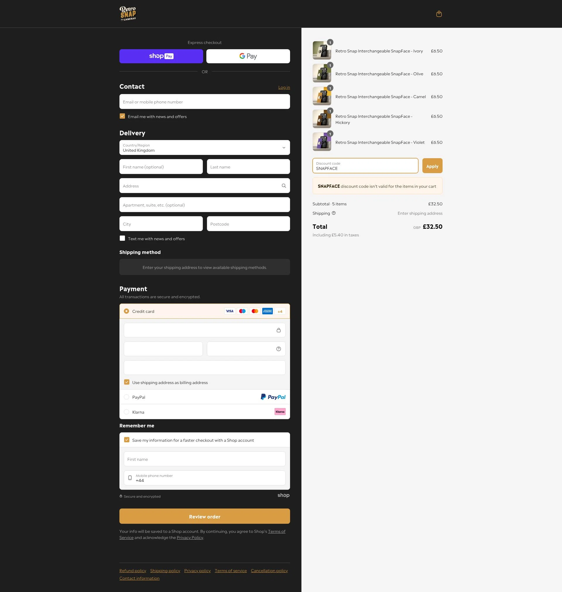 Retro Snap Cameras checkout page showing Retro Snap Cameras promo code box | Screenshot taken by SimplyCodes community member on Jun 19, 2025