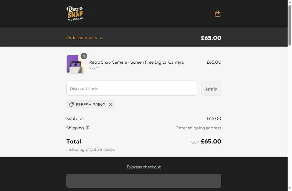 Retro Snap Cameras checkout page showing Retro Snap Cameras promo code box | Screenshot taken by SimplyCodes community member on Jun 13, 2025