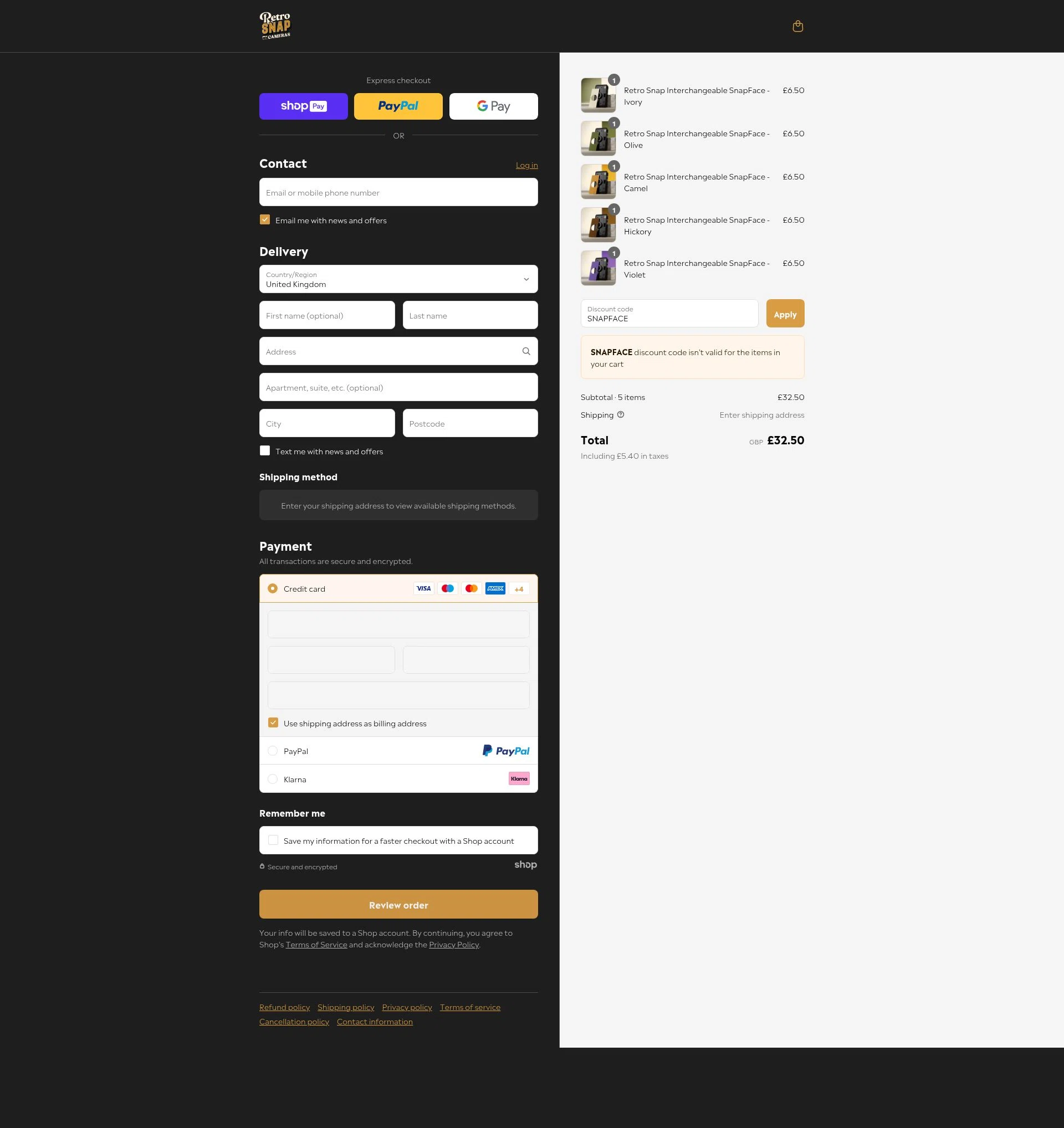 Retro Snap Cameras checkout page showing Retro Snap Cameras promo code box | Screenshot taken by SimplyCodes community member on Jul 10, 2025