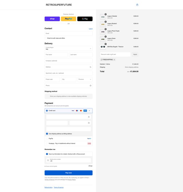 Retrosuperfuture checkout page showing Retrosuperfuture promo code box | Screenshot taken by SimplyCodes community member on Aug 30, 2025