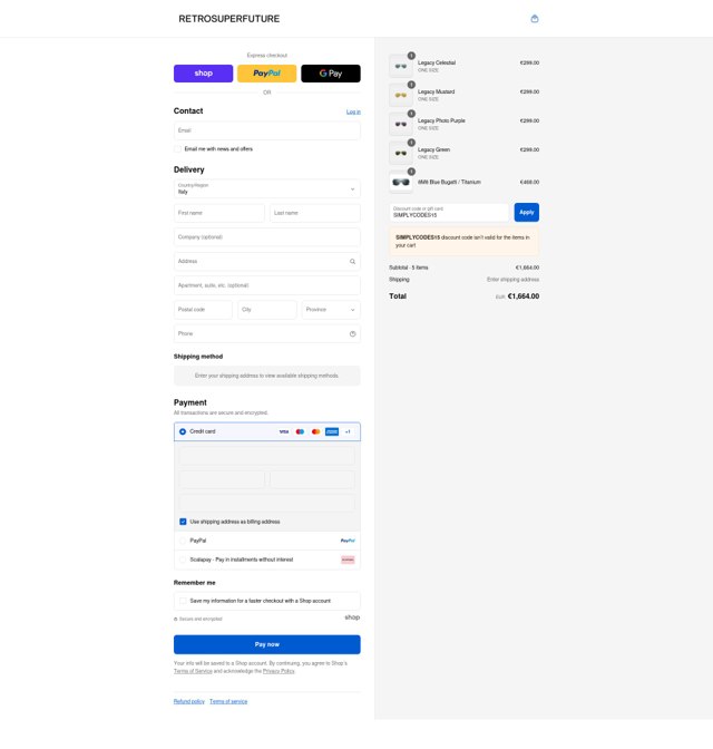 Retrosuperfuture checkout page showing Retrosuperfuture promo code box | Screenshot taken by SimplyCodes community member on Sep 3, 2025