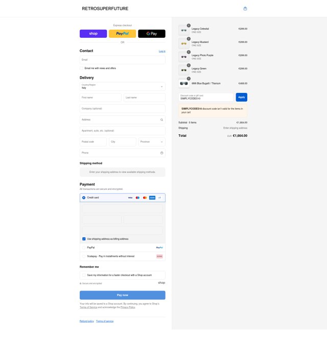 Retrosuperfuture checkout page showing Retrosuperfuture promo code box | Screenshot taken by SimplyCodes community member on Sep 3, 2025