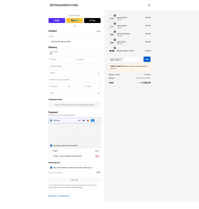 Retrosuperfuture checkout page showing Retrosuperfuture promo code box | Screenshot taken by SimplyCodes community member on Aug 30, 2025
