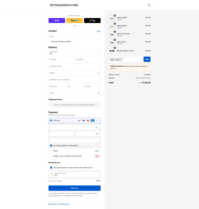 Retrosuperfuture checkout page showing Retrosuperfuture promo code box | Screenshot taken by SimplyCodes community member on Aug 30, 2025