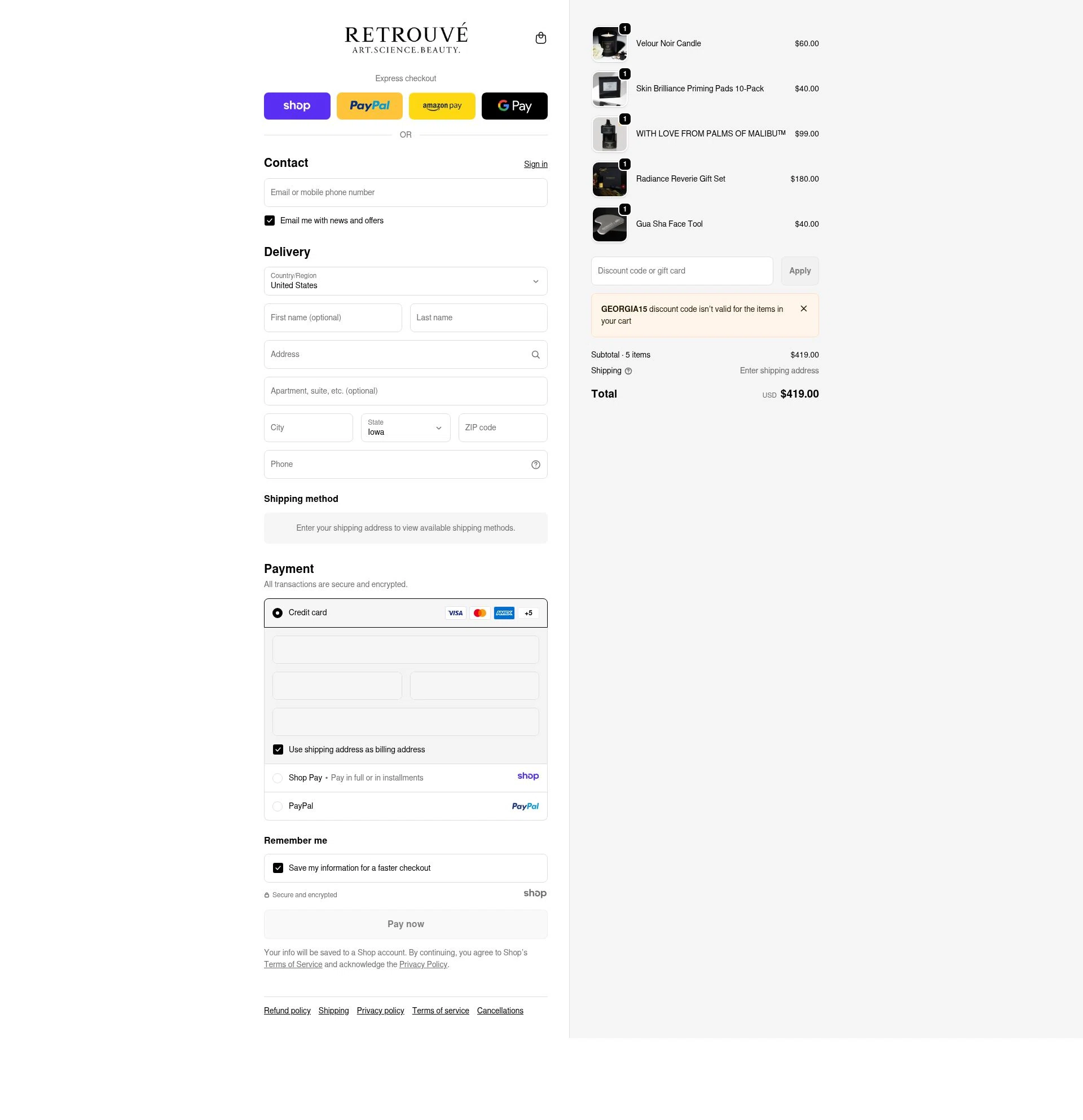 Retrouvé checkout page showing Retrouvé promo code box | Screenshot taken by SimplyCodes community member on Dec 21, 2025