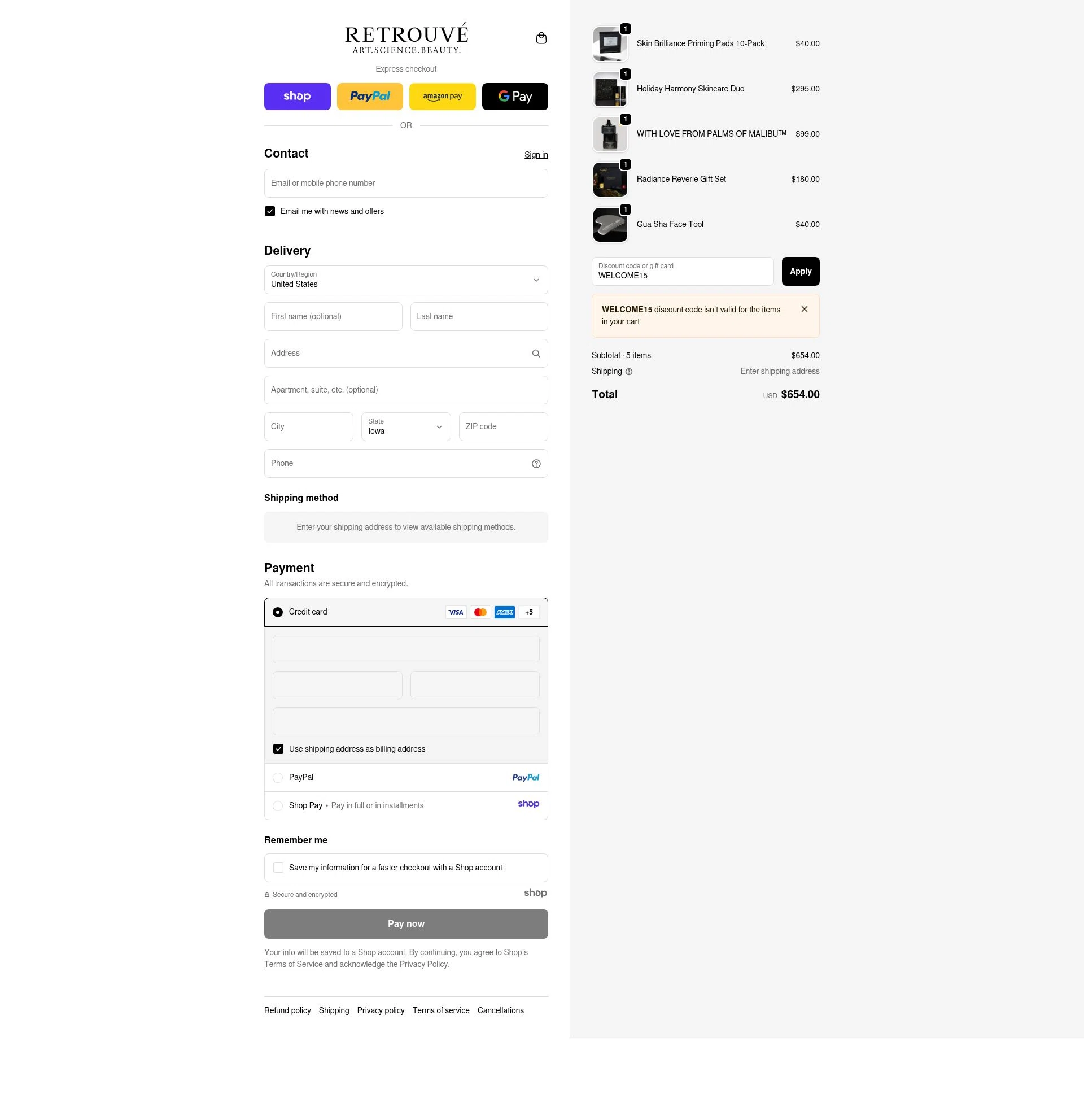 Retrouvé checkout page showing Retrouvé promo code box | Screenshot taken by SimplyCodes community member on Dec 9, 2025