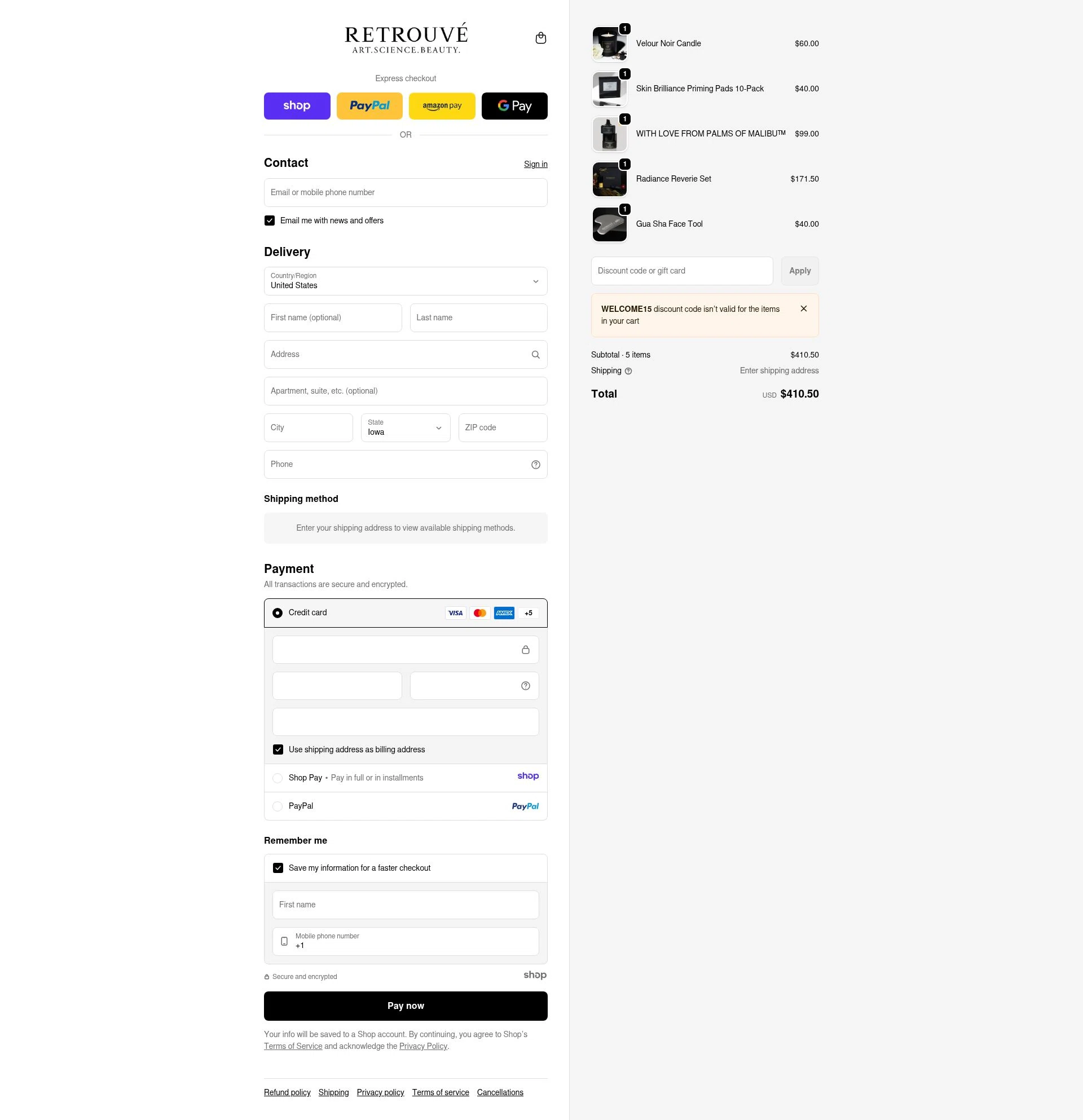 Retrouvé checkout page showing Retrouvé promo code box | Screenshot taken by SimplyCodes community member on Dec 26, 2025