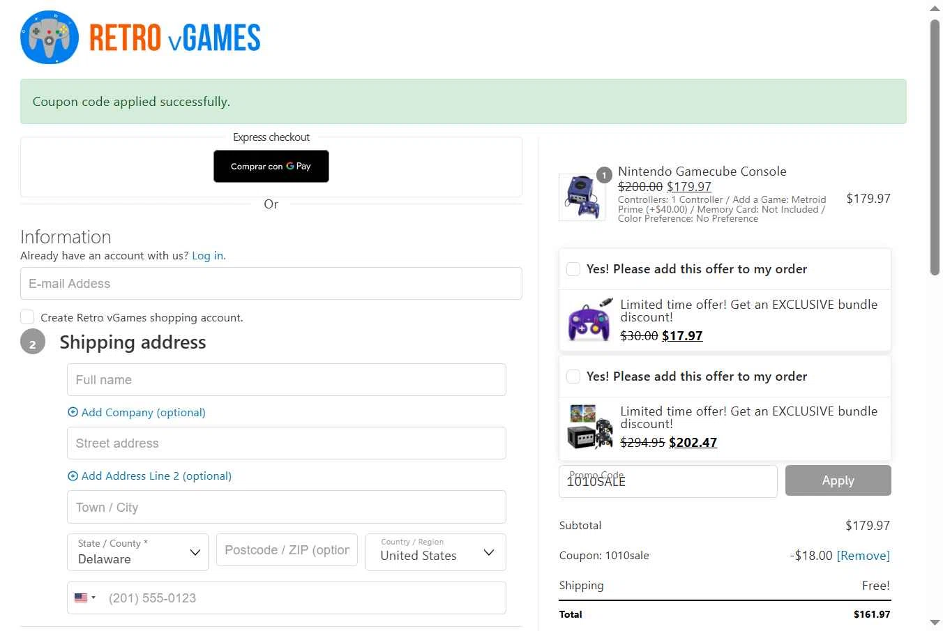 Retro vGames checkout page showing Retro vGames discount code box | Screenshot taken by SimplyCodes community member on Oct 10, 2025