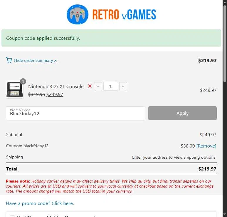 Retro vGames checkout page showing Retro vGames discount code box | Screenshot taken by SimplyCodes community member on Jan 18, 2026