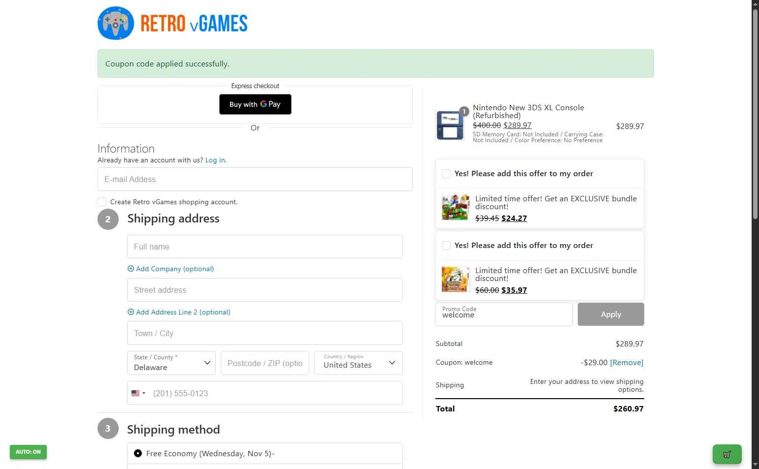 Retro vGames checkout page showing Retro vGames discount code box | Screenshot taken by SimplyCodes community member on Oct 30, 2025