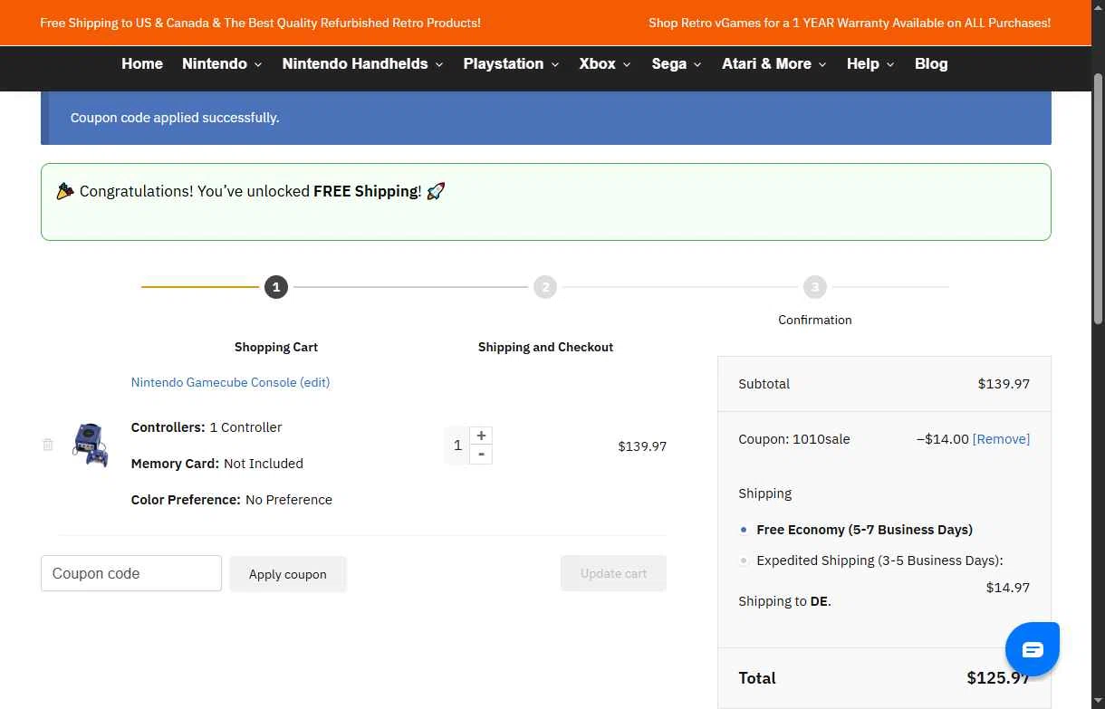 Retro vGames checkout page showing Retro vGames discount code box | Screenshot taken by SimplyCodes community member on Oct 10, 2025