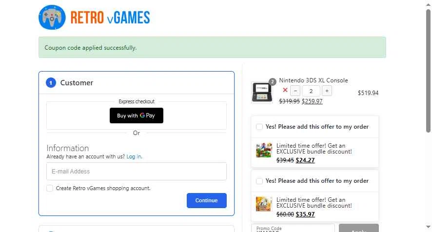 Retro vGames checkout page showing Retro vGames discount code box | Screenshot taken by SimplyCodes community member on Dec 11, 2025