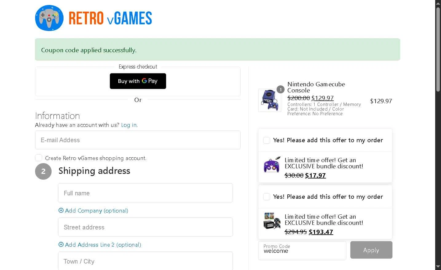 Retro vGames checkout page showing Retro vGames discount code box | Screenshot taken by SimplyCodes community member on Oct 30, 2025