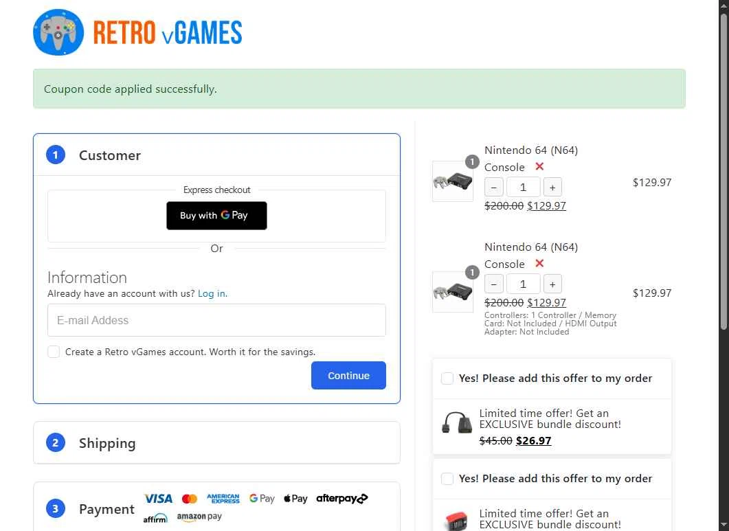 Retro vGames checkout page showing Retro vGames discount code box | Screenshot taken by SimplyCodes community member on Jan 14, 2026
