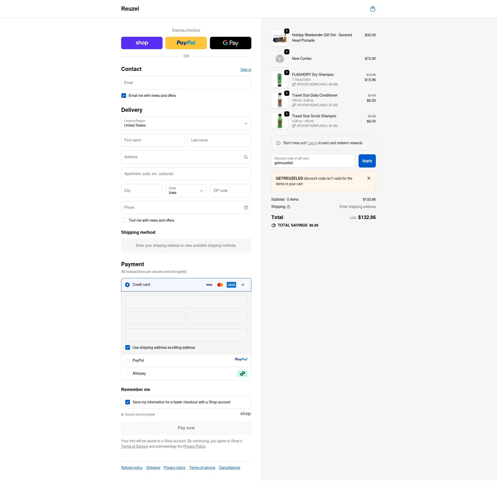 Reuzel checkout page showing Reuzel discount code box | Screenshot taken by SimplyCodes community member on Oct 12, 2025