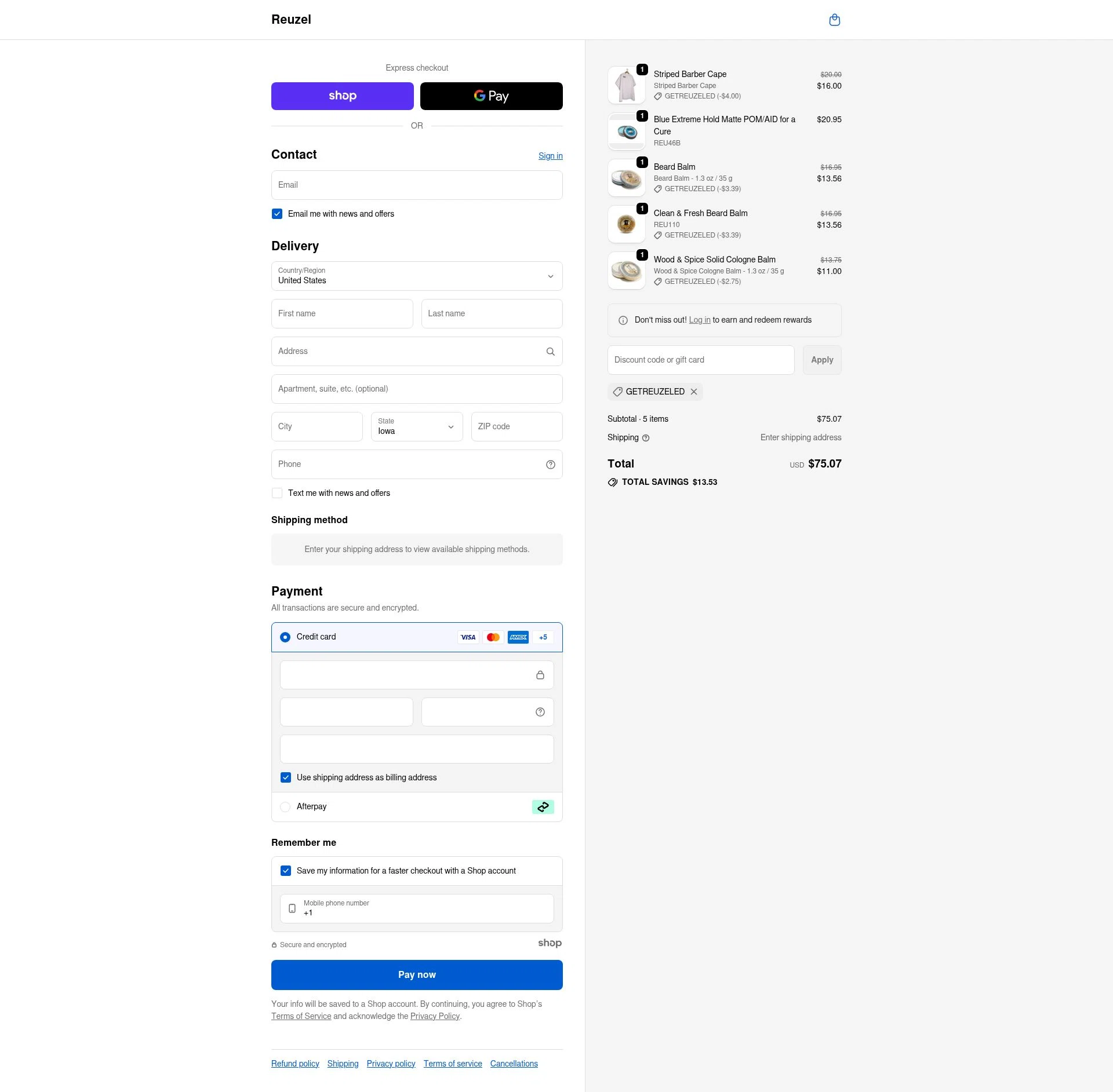 Reuzel checkout page showing Reuzel discount code box | Screenshot taken by SimplyCodes community member on Sep 18, 2025