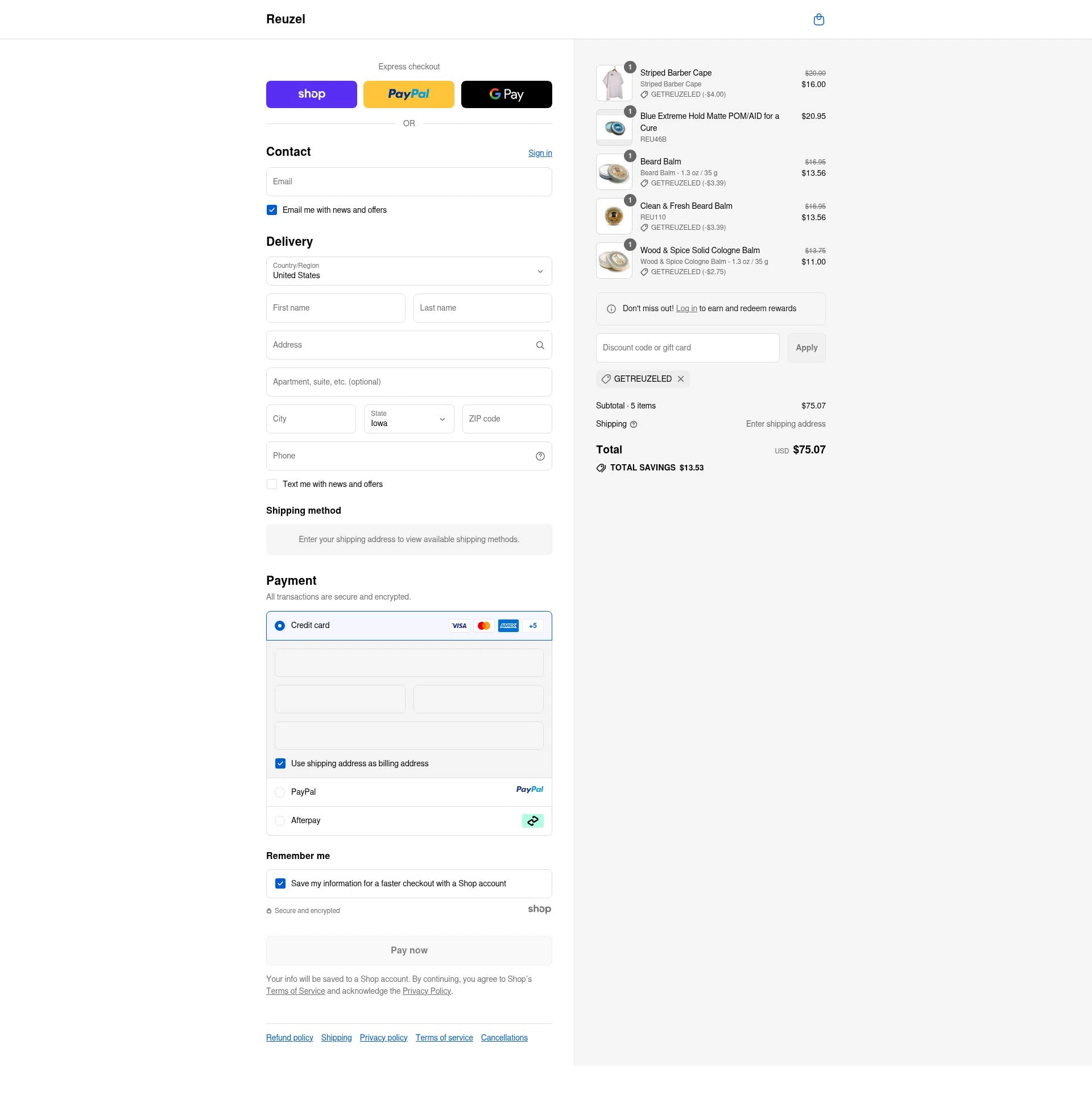 Reuzel checkout page showing Reuzel discount code box | Screenshot taken by SimplyCodes community member on Sep 10, 2025