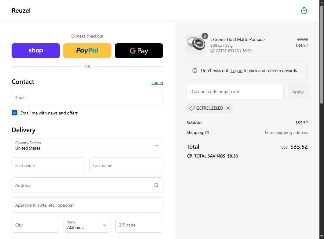Reuzel checkout page showing Reuzel discount code box | Screenshot taken by SimplyCodes community member on Sep 7, 2025