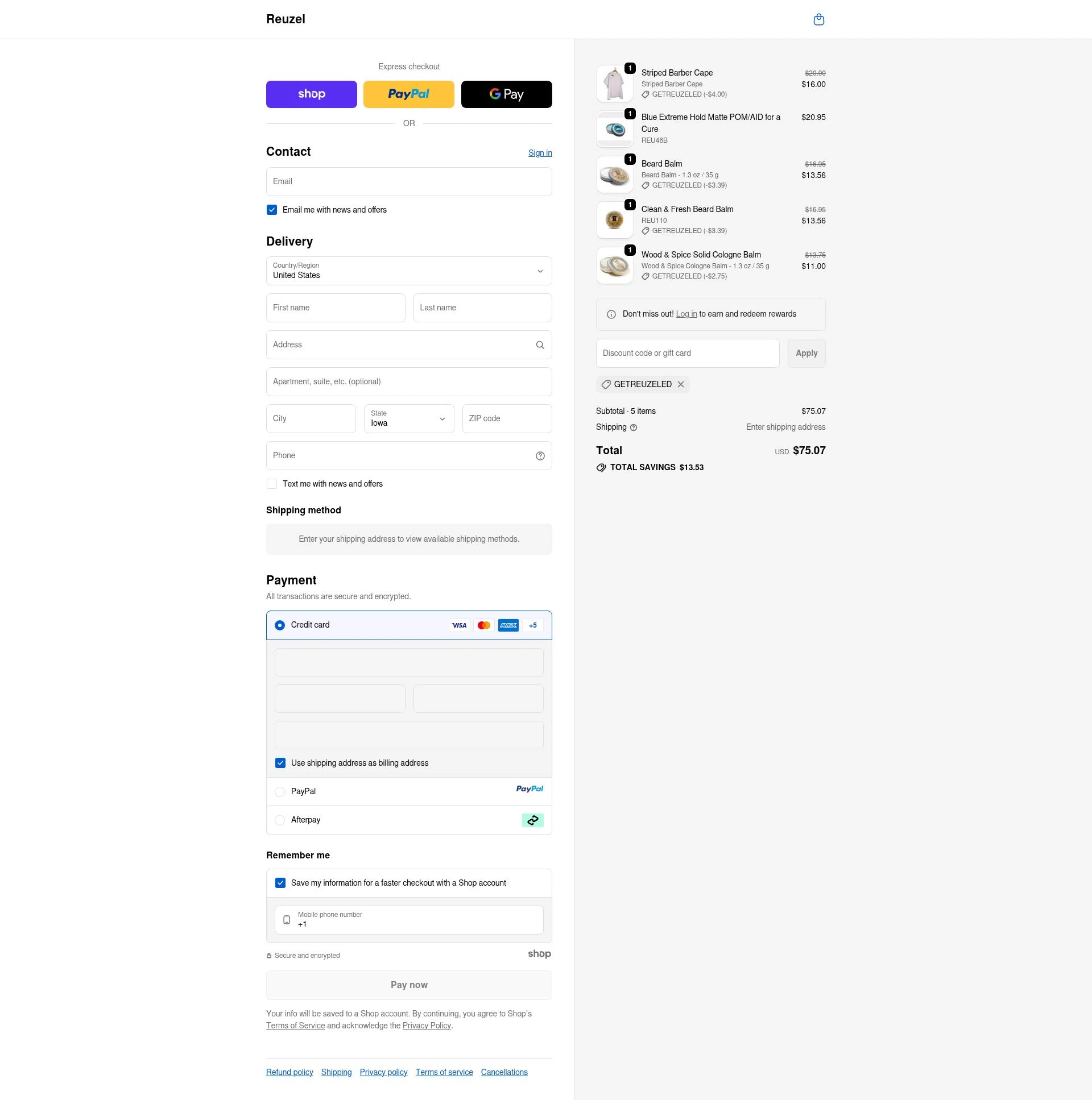 Reuzel checkout page showing Reuzel discount code box | Screenshot taken by SimplyCodes community member on Oct 8, 2025