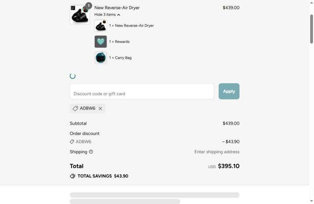 RevAir checkout page showing RevAir discount code box | Screenshot taken by SimplyCodes community member on Sep 9, 2025