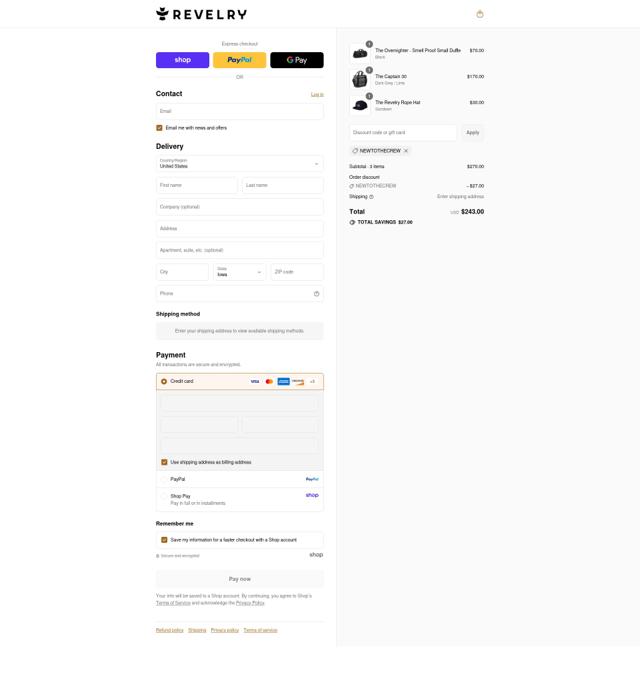 Revelry Supply checkout page showing Revelry Supply discount code box | Screenshot taken by SimplyCodes community member on Sep 1, 2025