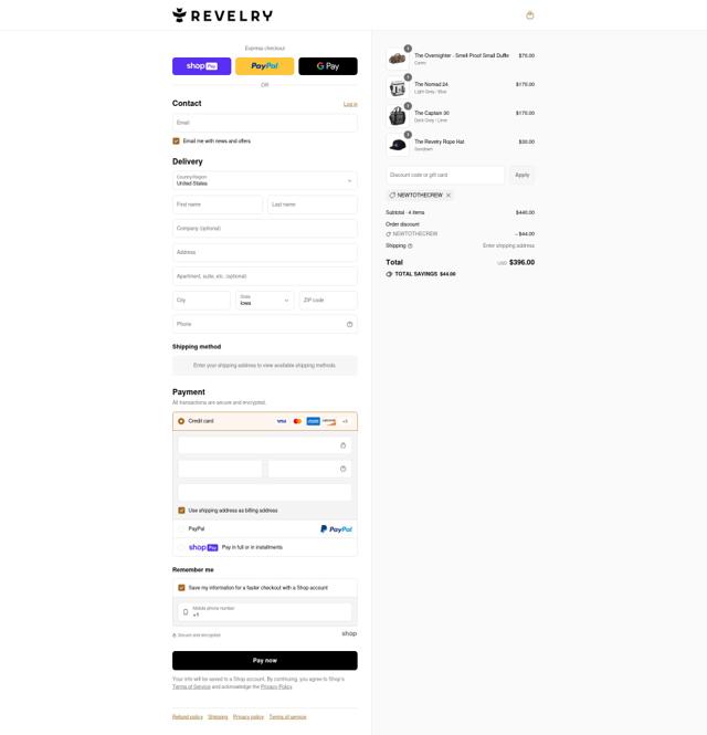 Revelry Supply checkout page showing Revelry Supply discount code box | Screenshot taken by SimplyCodes community member on Aug 11, 2025