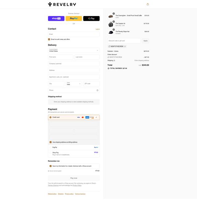 Revelry Supply checkout page showing Revelry Supply discount code box | Screenshot taken by SimplyCodes community member on Aug 20, 2025