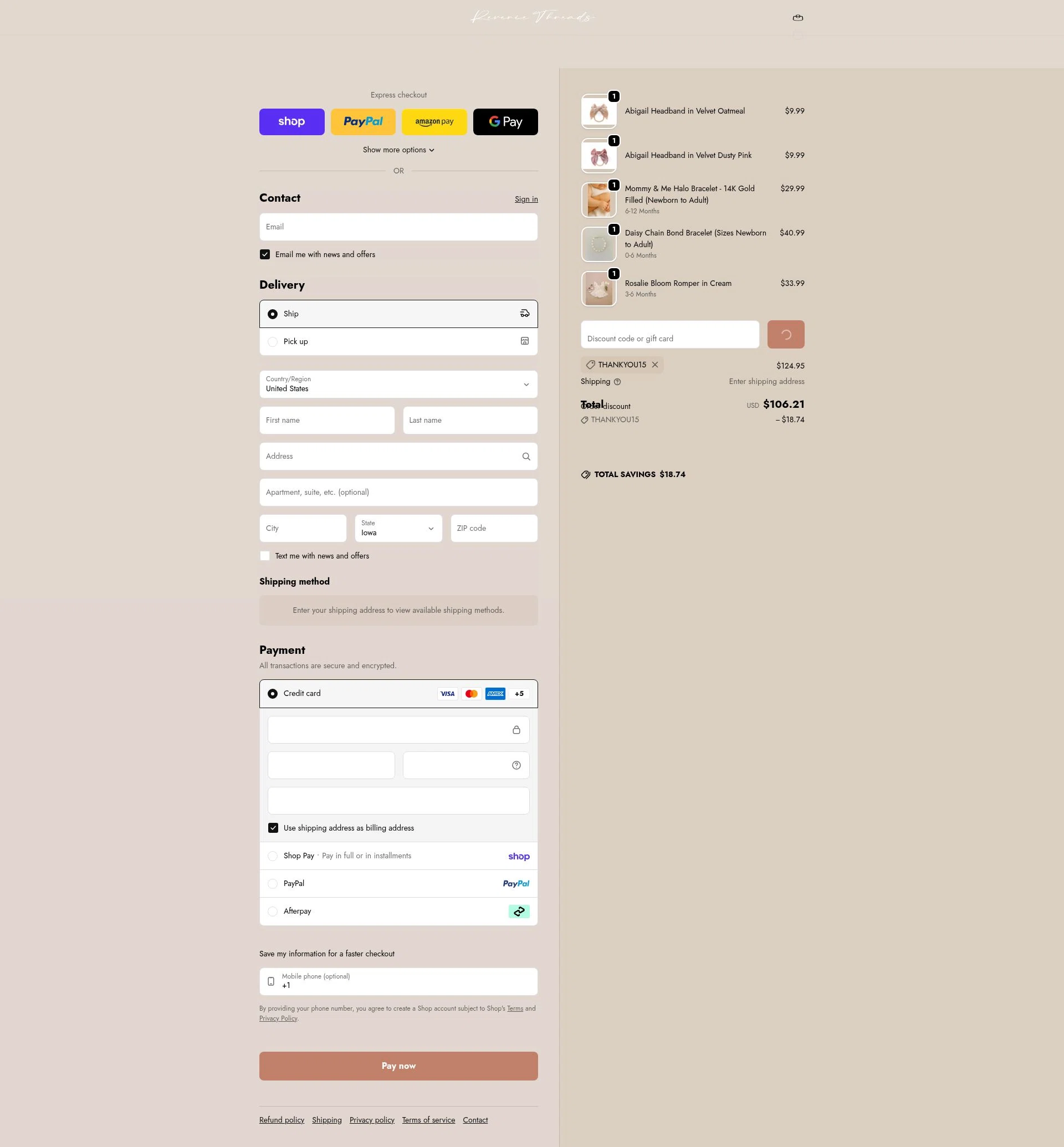 Reverie Threads checkout page showing Reverie Threads discount code box | Screenshot taken by SimplyCodes community member on Feb 17, 2026