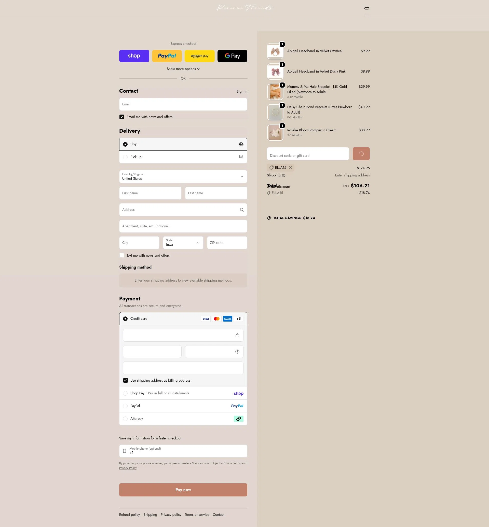 Reverie Threads checkout page showing Reverie Threads discount code box | Screenshot taken by SimplyCodes community member on Feb 17, 2026