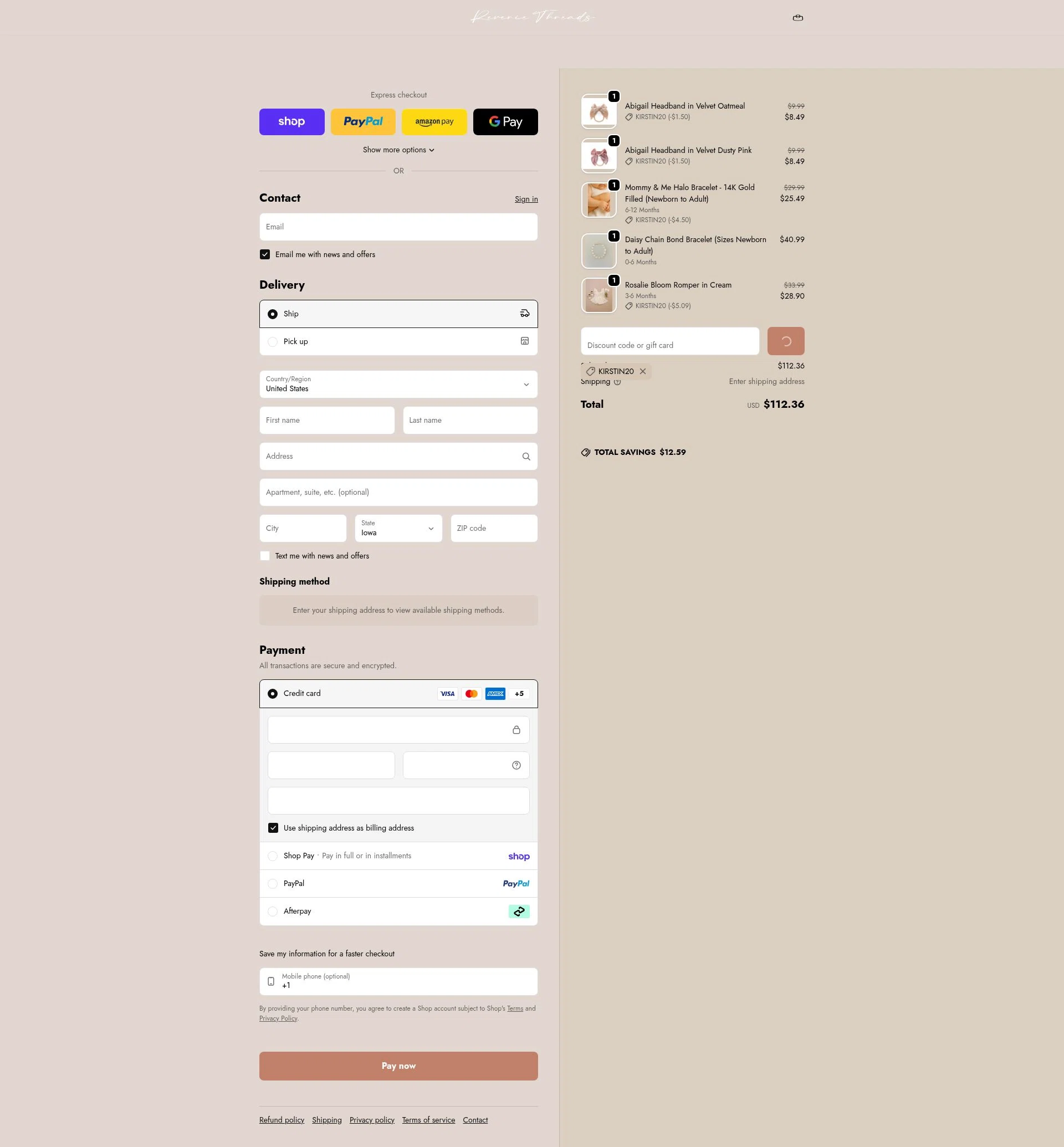 Reverie Threads checkout page showing Reverie Threads discount code box | Screenshot taken by SimplyCodes community member on Feb 17, 2026