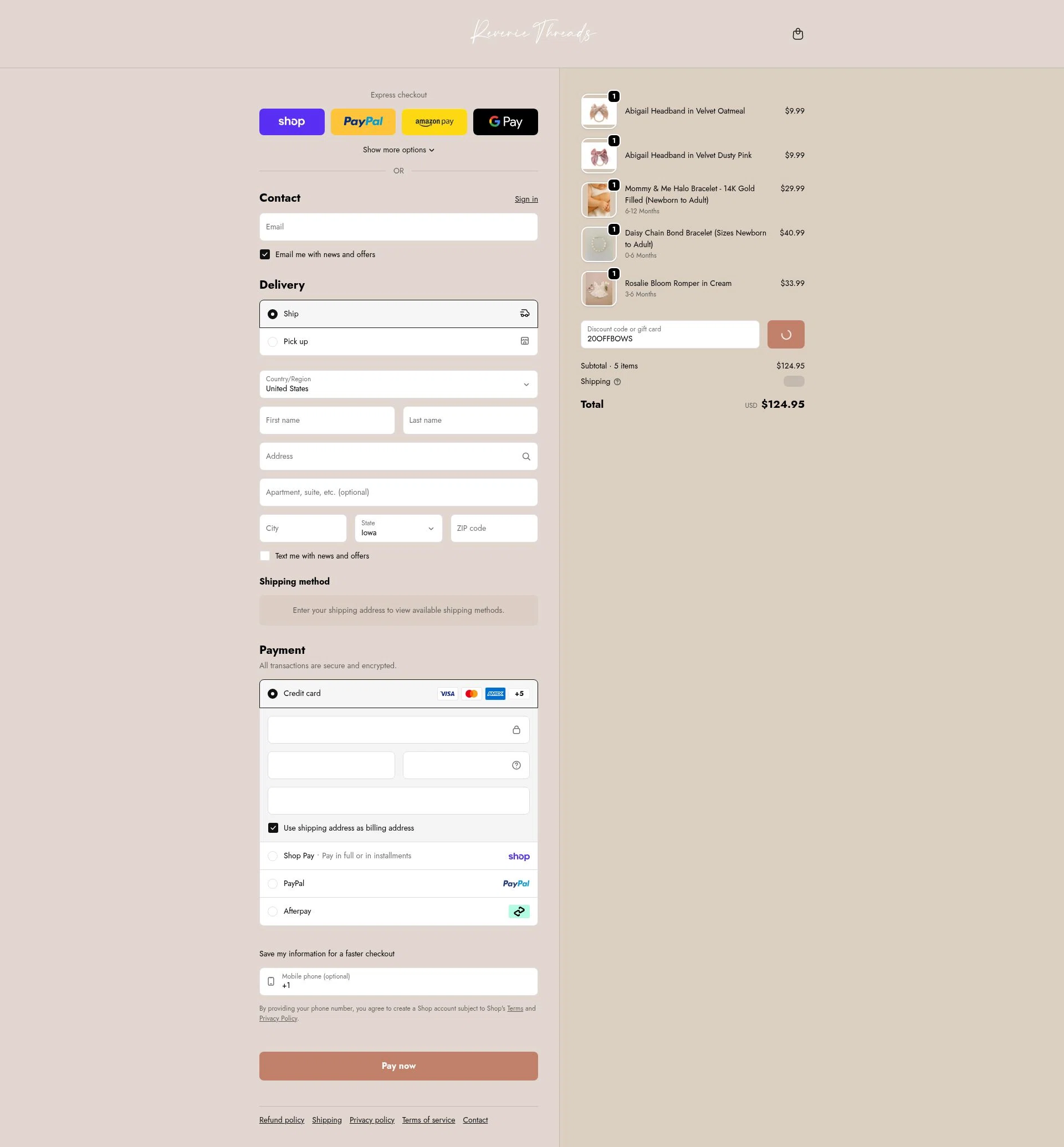 Reverie Threads checkout page showing Reverie Threads discount code box | Screenshot taken by SimplyCodes community member on Feb 17, 2026