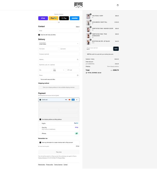 Revice Denim checkout page showing Revice Denim discount code box | Screenshot taken by SimplyCodes community member on Sep 11, 2025