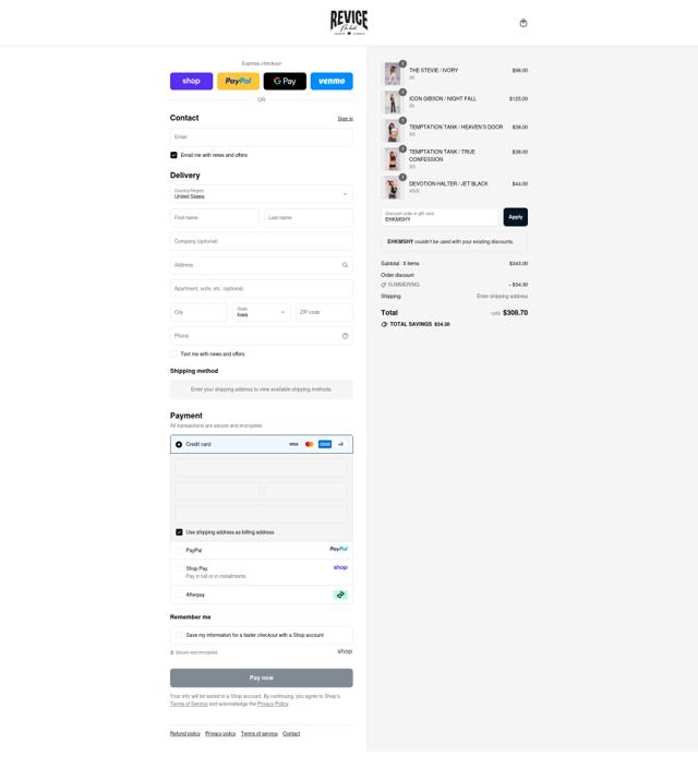 Revice Denim checkout page showing Revice Denim discount code box | Screenshot taken by SimplyCodes community member on Sep 11, 2025
