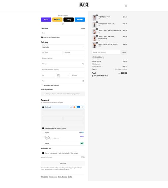 Revice Denim checkout page showing Revice Denim discount code box | Screenshot taken by SimplyCodes community member on Sep 11, 2025