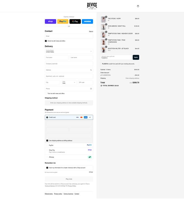 Revice Denim checkout page showing Revice Denim discount code box | Screenshot taken by SimplyCodes community member on Sep 11, 2025