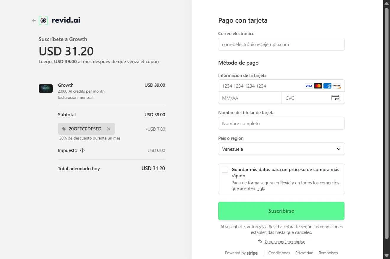 Revid.ai checkout page showing Revid.ai promo code box | Screenshot taken by SimplyCodes community member on Jan 5, 2026