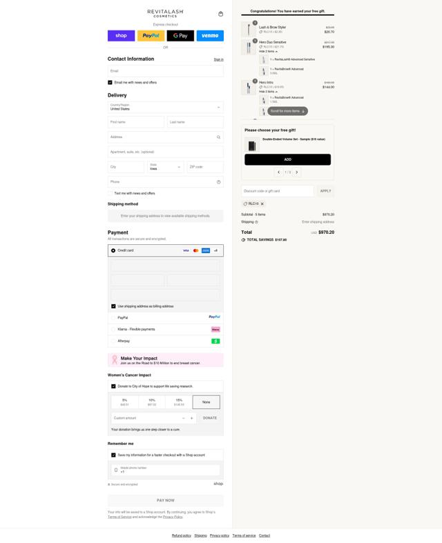 Revitalash checkout page showing Revitalash coupon code box | Screenshot taken by SimplyCodes community member on Sep 12, 2025