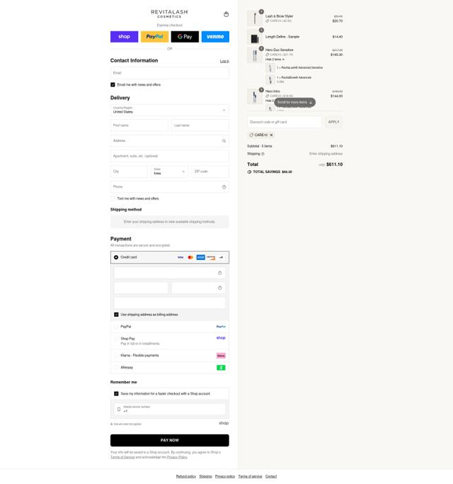 Revitalash checkout page showing Revitalash coupon code box | Screenshot taken by SimplyCodes community member on Sep 8, 2025