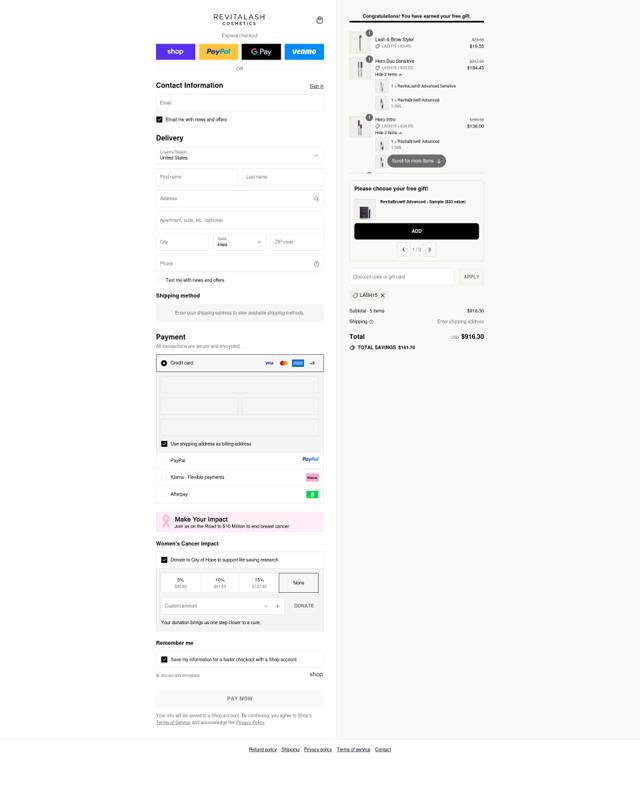 Revitalash checkout page showing Revitalash coupon code box | Screenshot taken by SimplyCodes community member on Sep 12, 2025