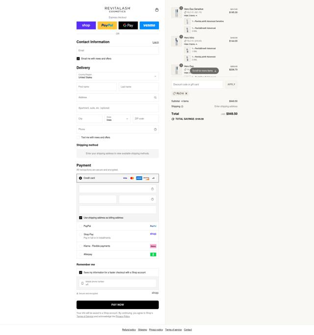 Revitalash checkout page showing Revitalash coupon code box | Screenshot taken by SimplyCodes community member on Sep 4, 2025