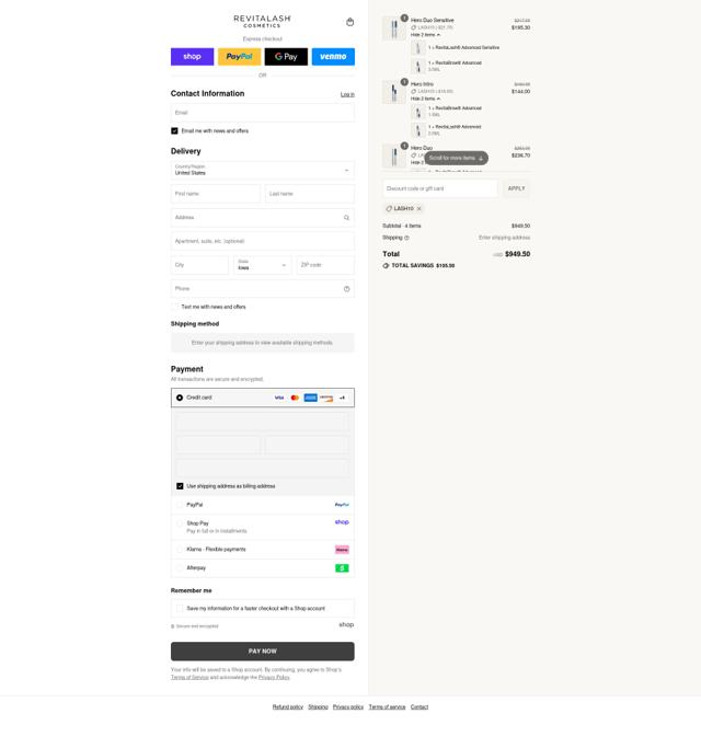 Revitalash checkout page showing Revitalash coupon code box | Screenshot taken by SimplyCodes community member on Sep 4, 2025