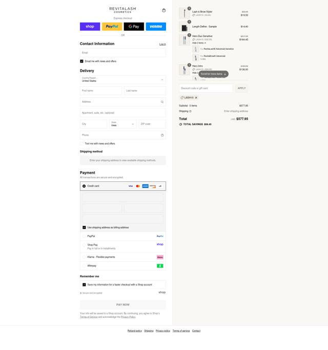 Revitalash checkout page showing Revitalash coupon code box | Screenshot taken by SimplyCodes community member on Sep 8, 2025