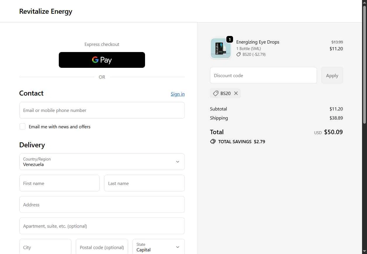 Revitalize Energy checkout page showing Revitalize Energy promo code box | Screenshot taken by SimplyCodes community member on Jan 11, 2026