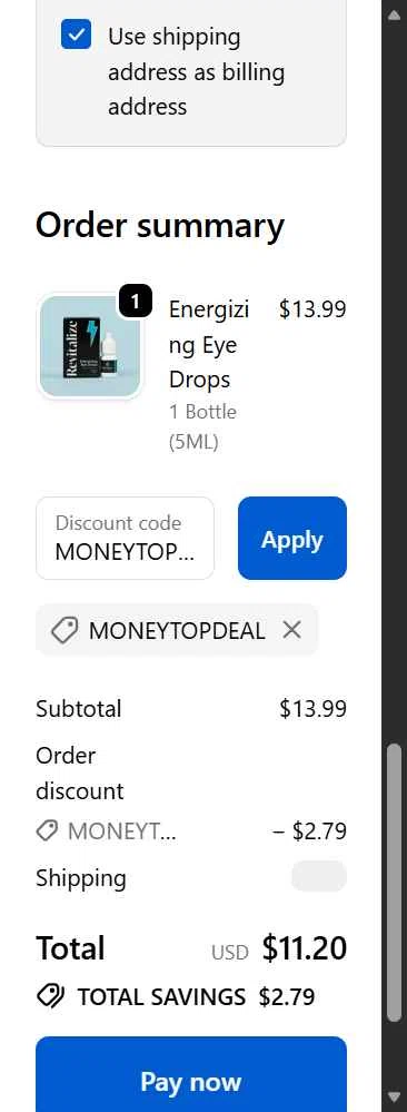 Revitalize Energy checkout page showing Revitalize Energy promo code box | Screenshot taken by SimplyCodes community member on Nov 26, 2025