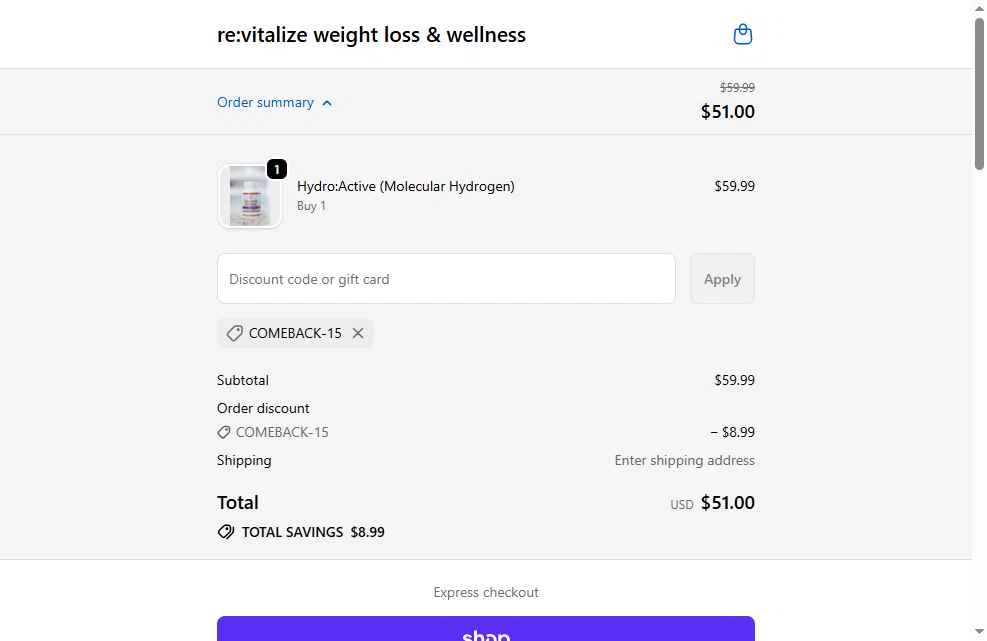 re:vitalize Shop checkout page showing re:vitalize Shop promo code box | Screenshot taken by SimplyCodes community member on Feb 7, 2026