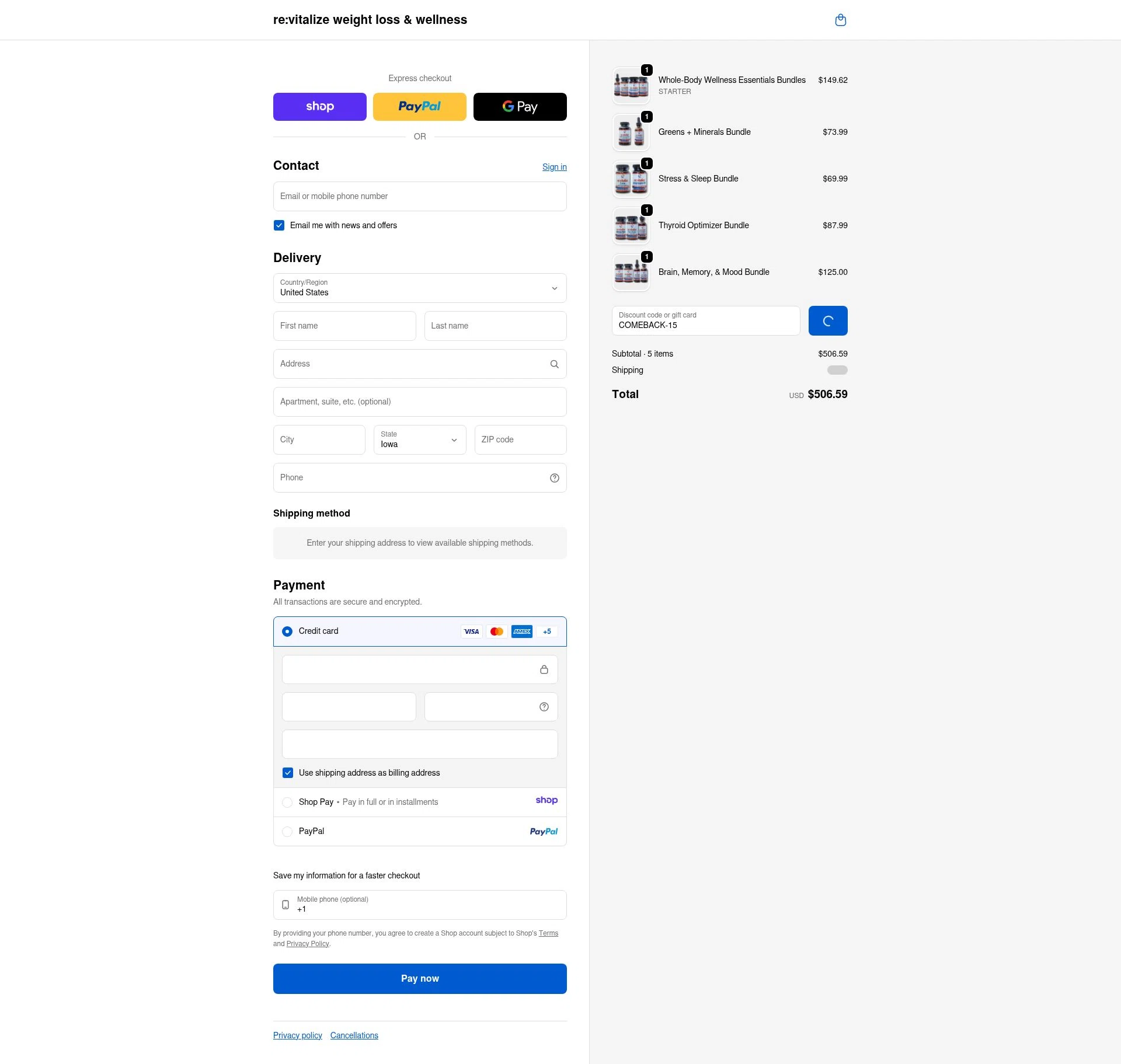 re:vitalize Shop checkout page showing re:vitalize Shop promo code box | Screenshot taken by SimplyCodes community member on Jan 15, 2026