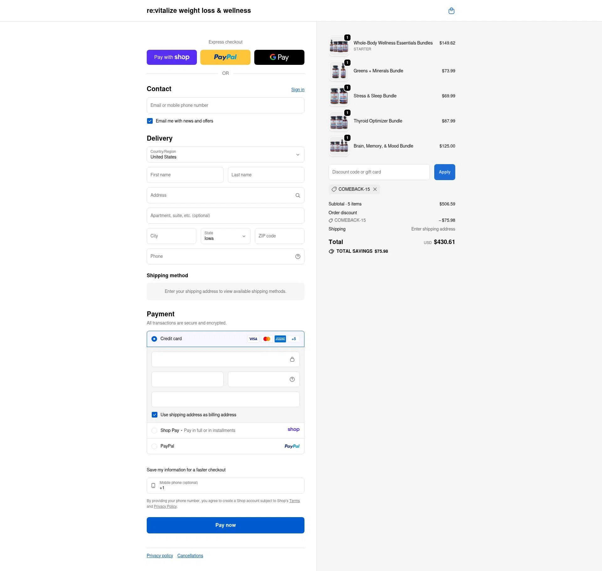 re:vitalize Shop checkout page showing re:vitalize Shop promo code box | Screenshot taken by SimplyCodes community member on Jan 10, 2026